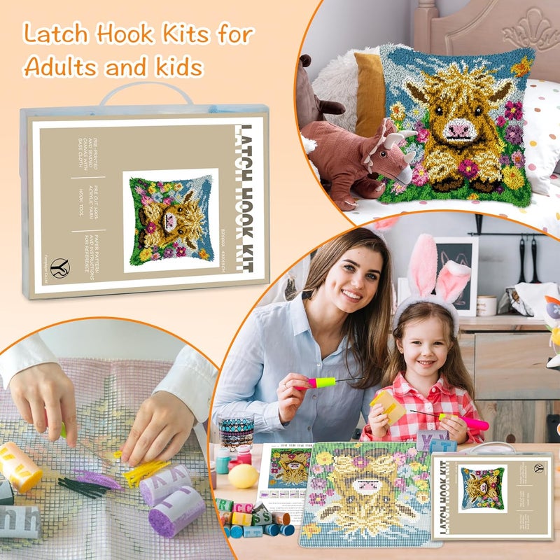 YP Cute Highland Cow Cattle Floral Latch Hook Kits Pillow Crochet Yarn Preprinted Pattern Needlework Kit DIY Pillowcase Hook Rug Crafts Kits,Home Sofa Decoration 17"X17" - Image 1
